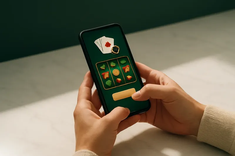 Close-up of hands holding smartphone with casino app open