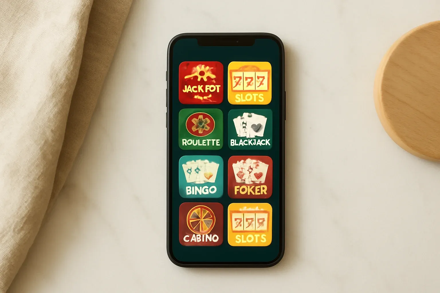 Smartphone on white marble showing bright casino game selection grid
