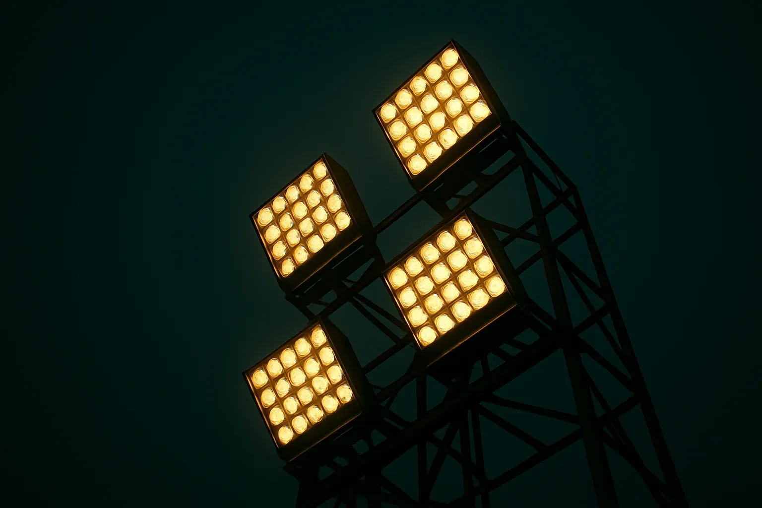 Four bright stadium floodlights through metal structure at dusk sky