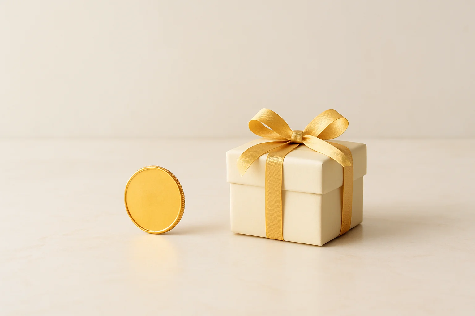 Single gold coin beside small unwrapped gift box on marble surface