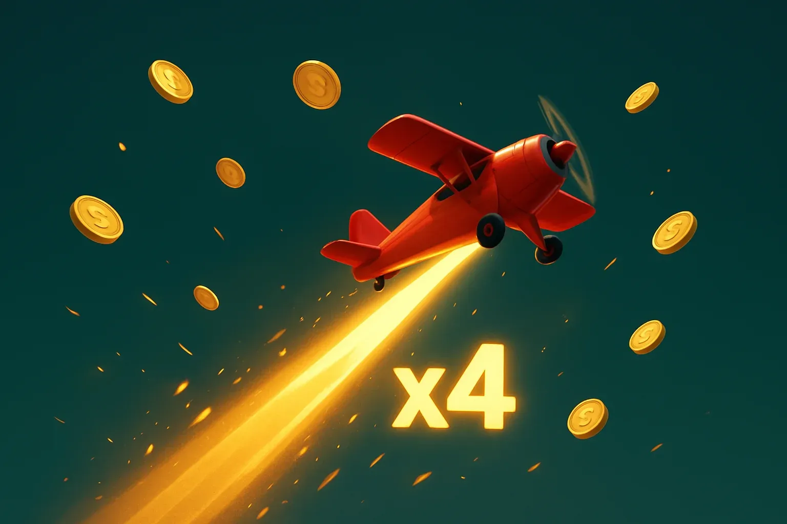 Red airplane climbing with glowing multiplier trail, coins, and sparks