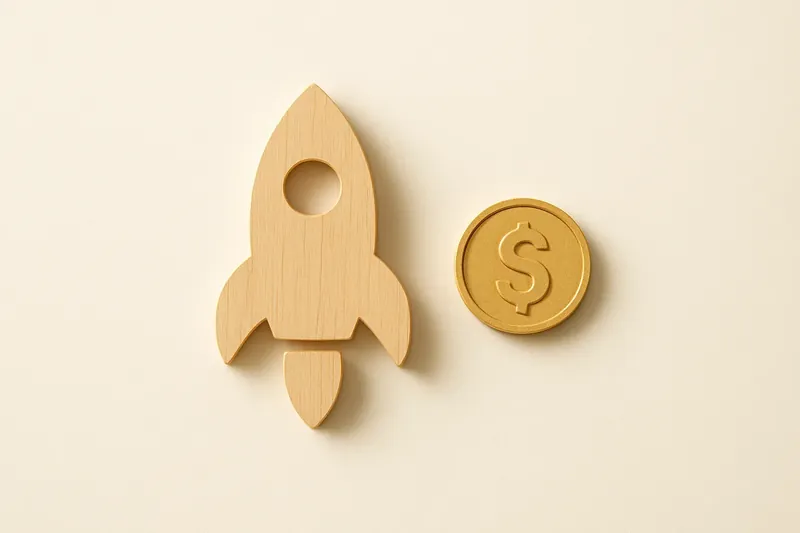 Minimalist rocket icon with gold coin on white background