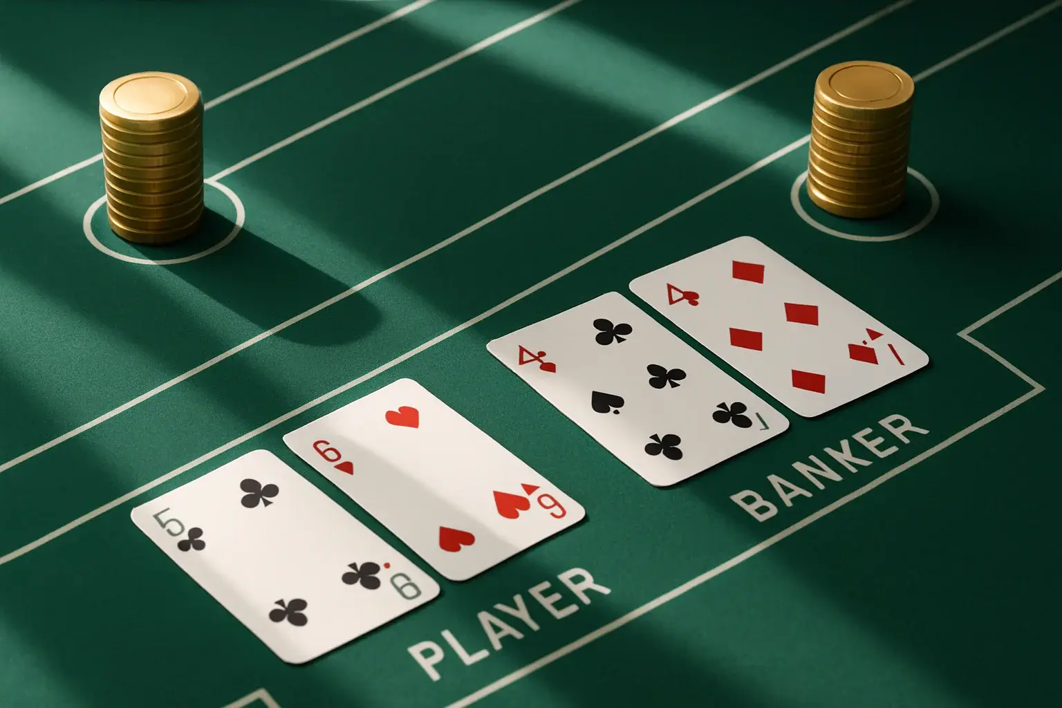 Live Baccarat Table Overhead live baccarat table with gold chip towers and geometric shadows