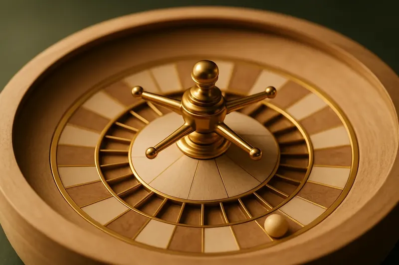 Close-up overhead of roulette wheel center with gold accents
