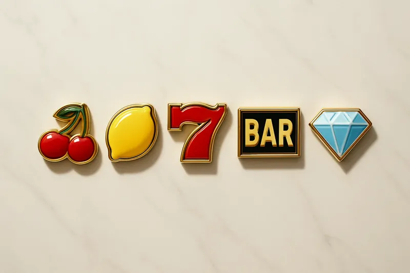 Five polished slot symbols in a neat row on white marble