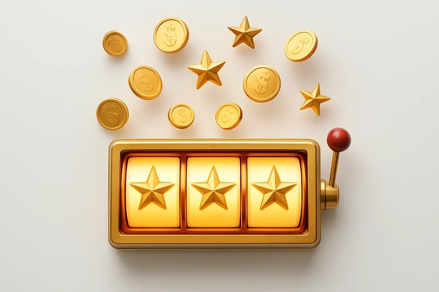 Slot machine jackpot with coins and stars on white background